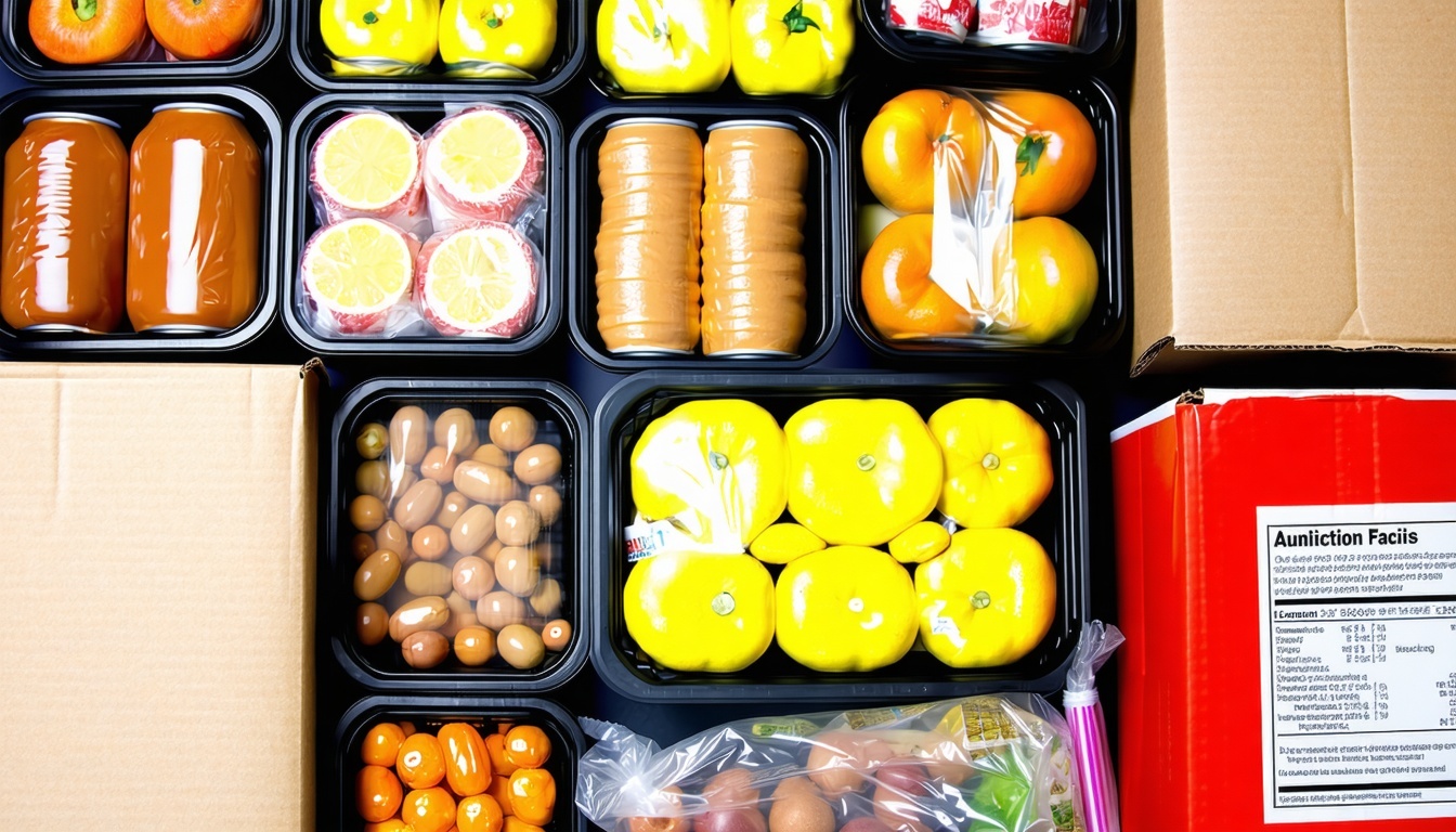 A close-up image of various food packaging types,