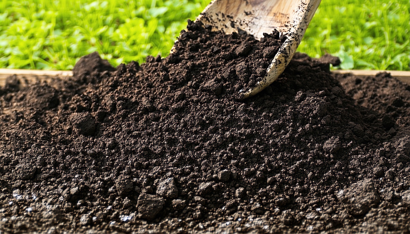A lush, thriving garden bed with rich, dark compos