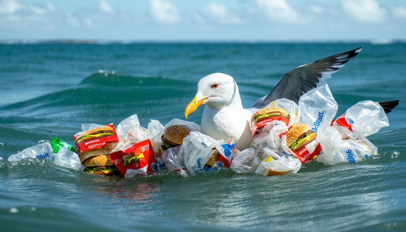 A seagull tangled in plastic fast food packaging f