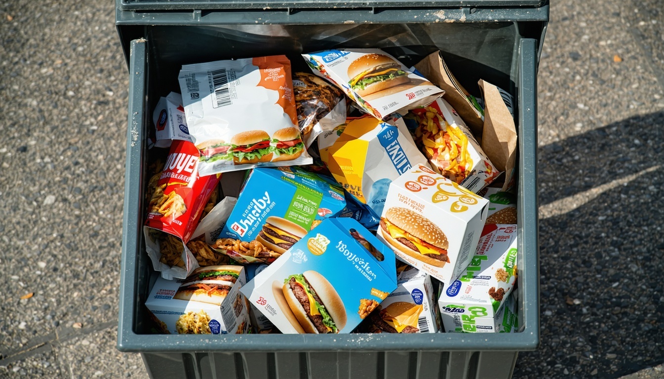 A trash bin overflowing with various types of fast
