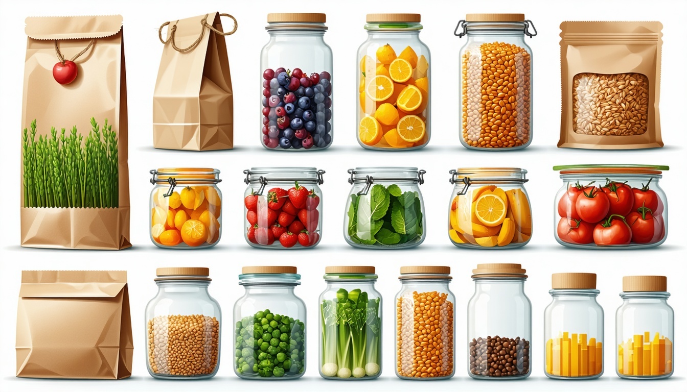 A variety of food items packaged in eco-friendly m