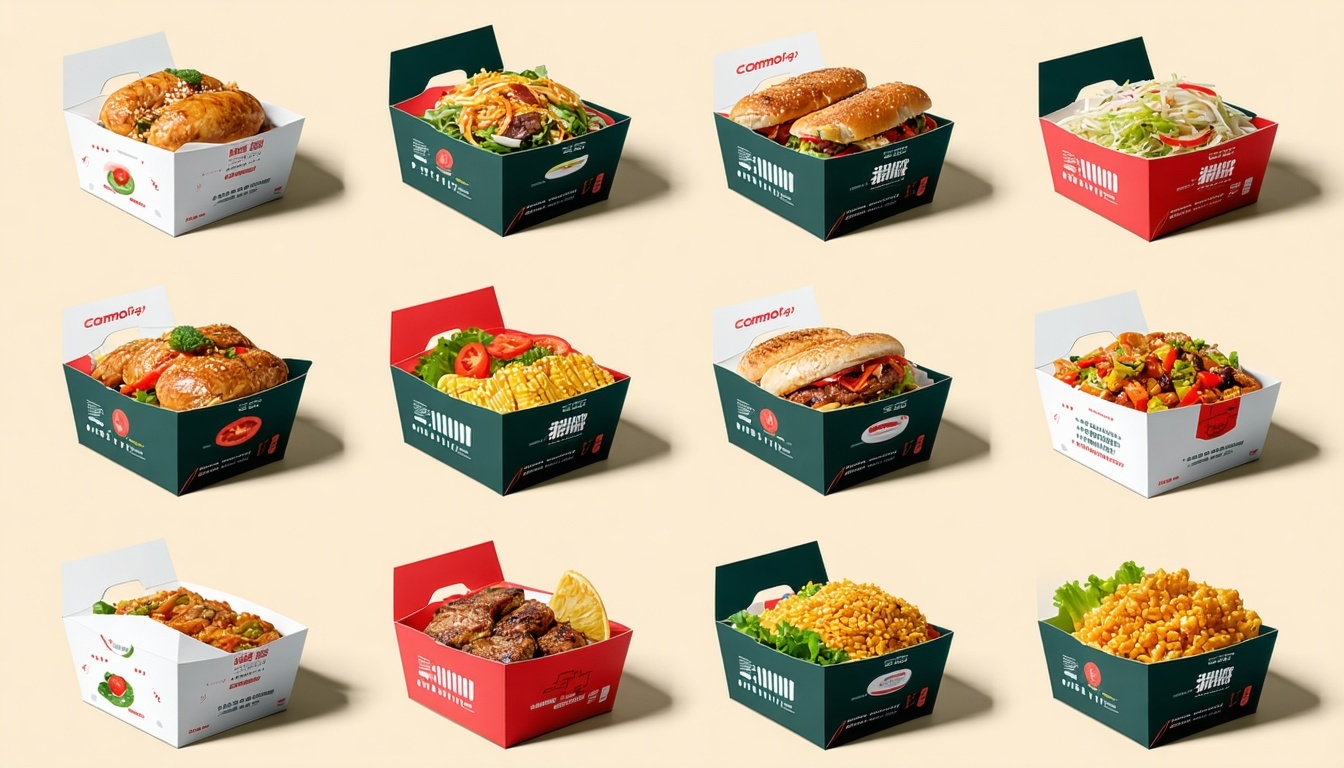 A variety of modern takeaway boxes, showcasing the
