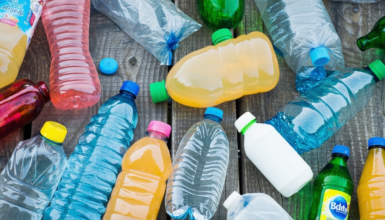 A variety of plastic food packaging items includin