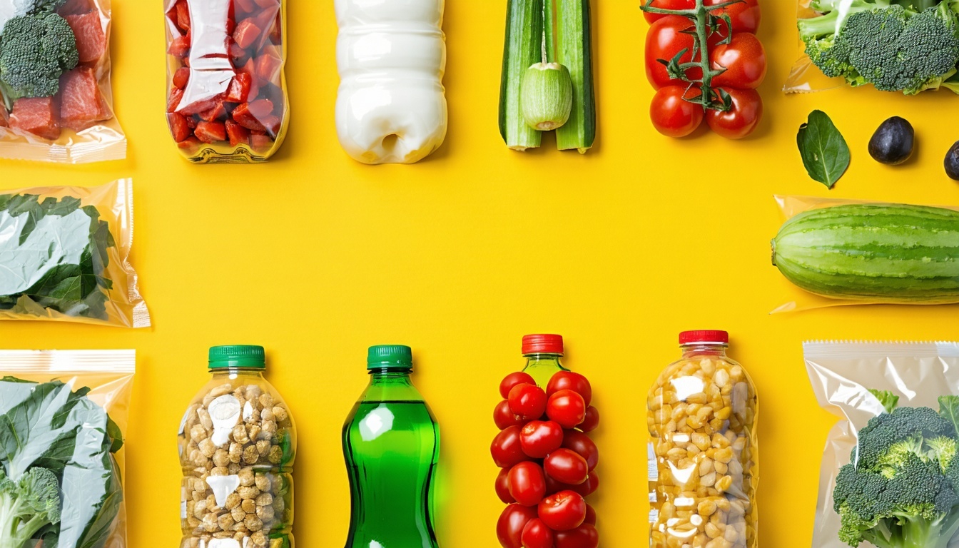 A vibrant image of various food items in recyclabl